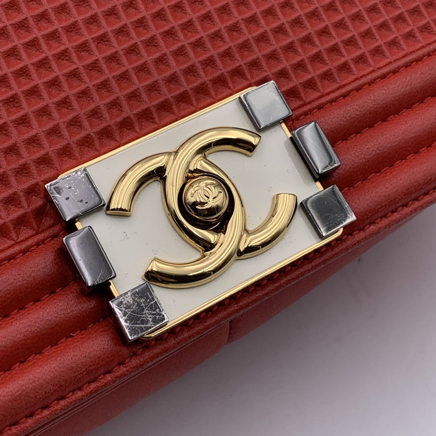 CHANEL Red Cube Embossed Leather Medium Boy Shoulder Bag