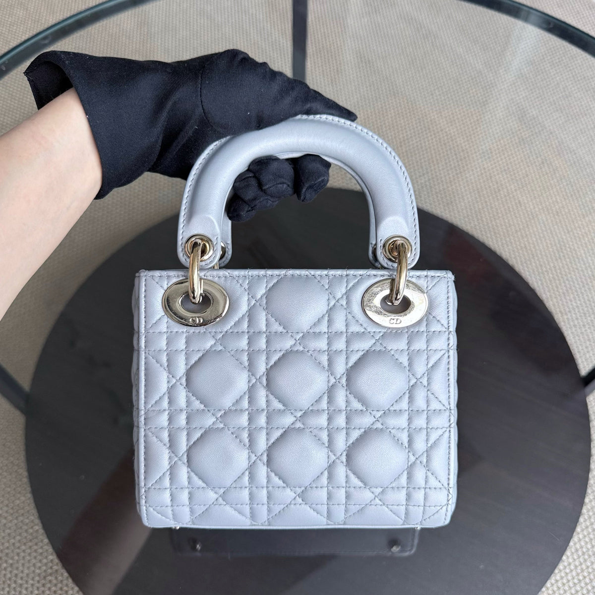 Dior Lady Mini - Cannage Lambskin Grey Gray Gold Hardware Chain Strap