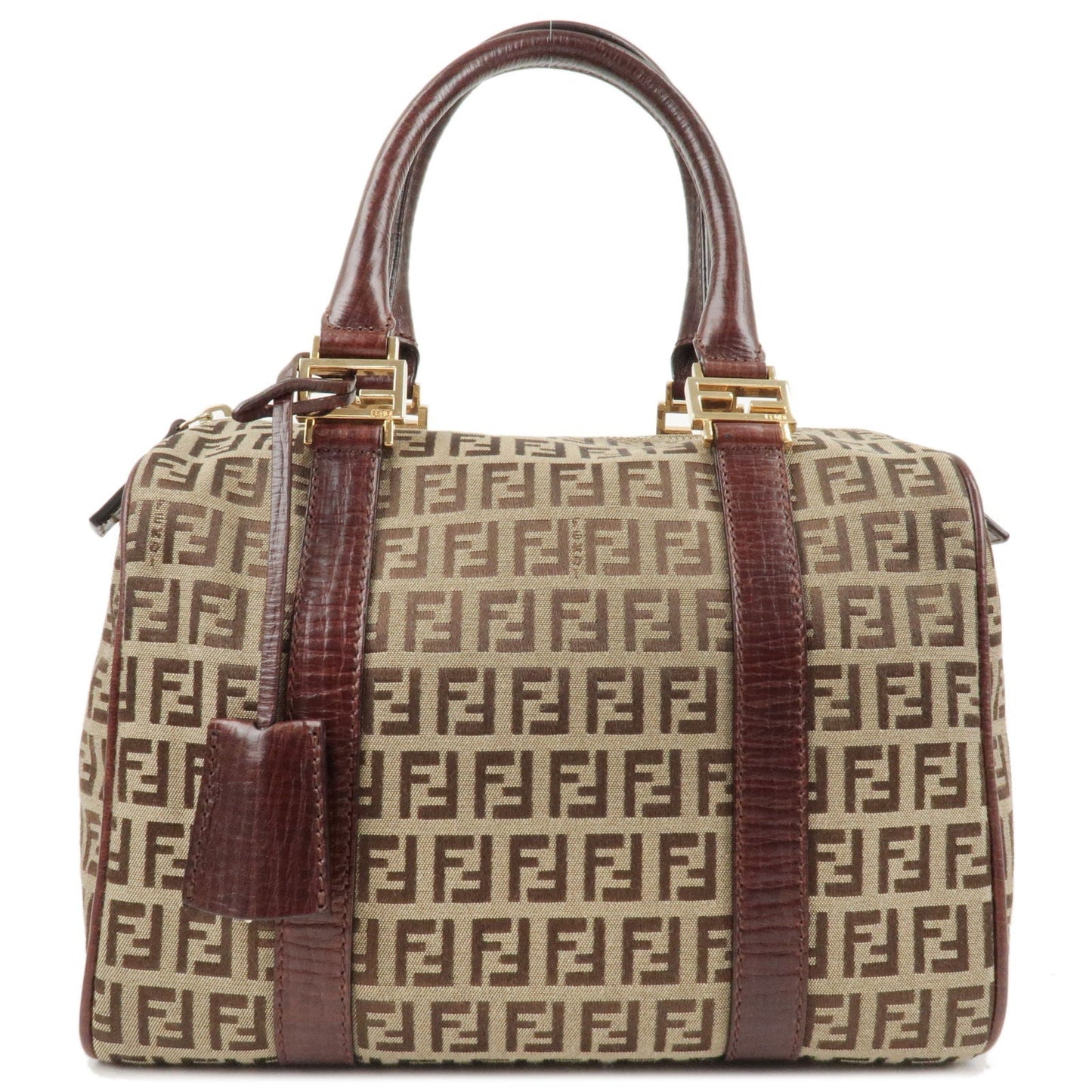 FENDI Zucchino Canvas Leather Boston Bag Brown Beige 8BL068