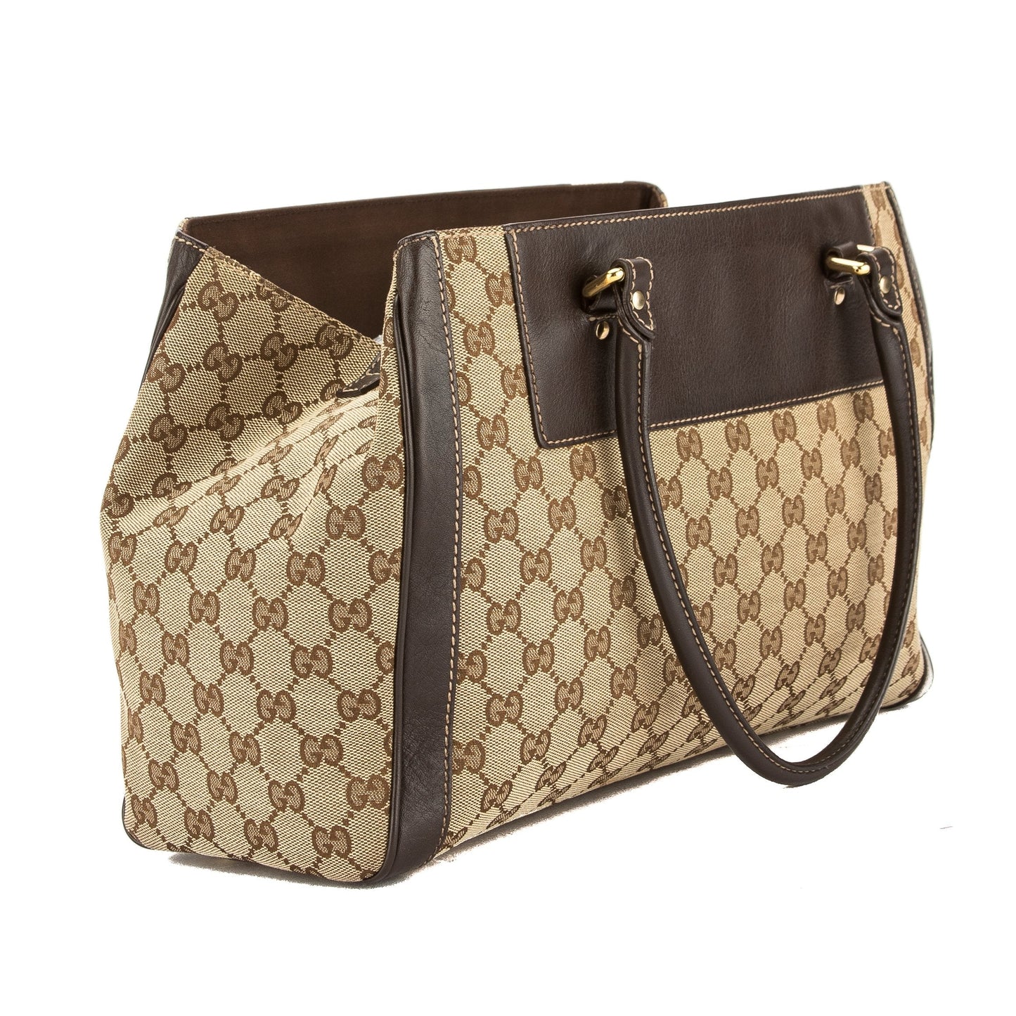 G*G Brown Leather GG Monogram Canvas Tote Bag (Pre Owned)