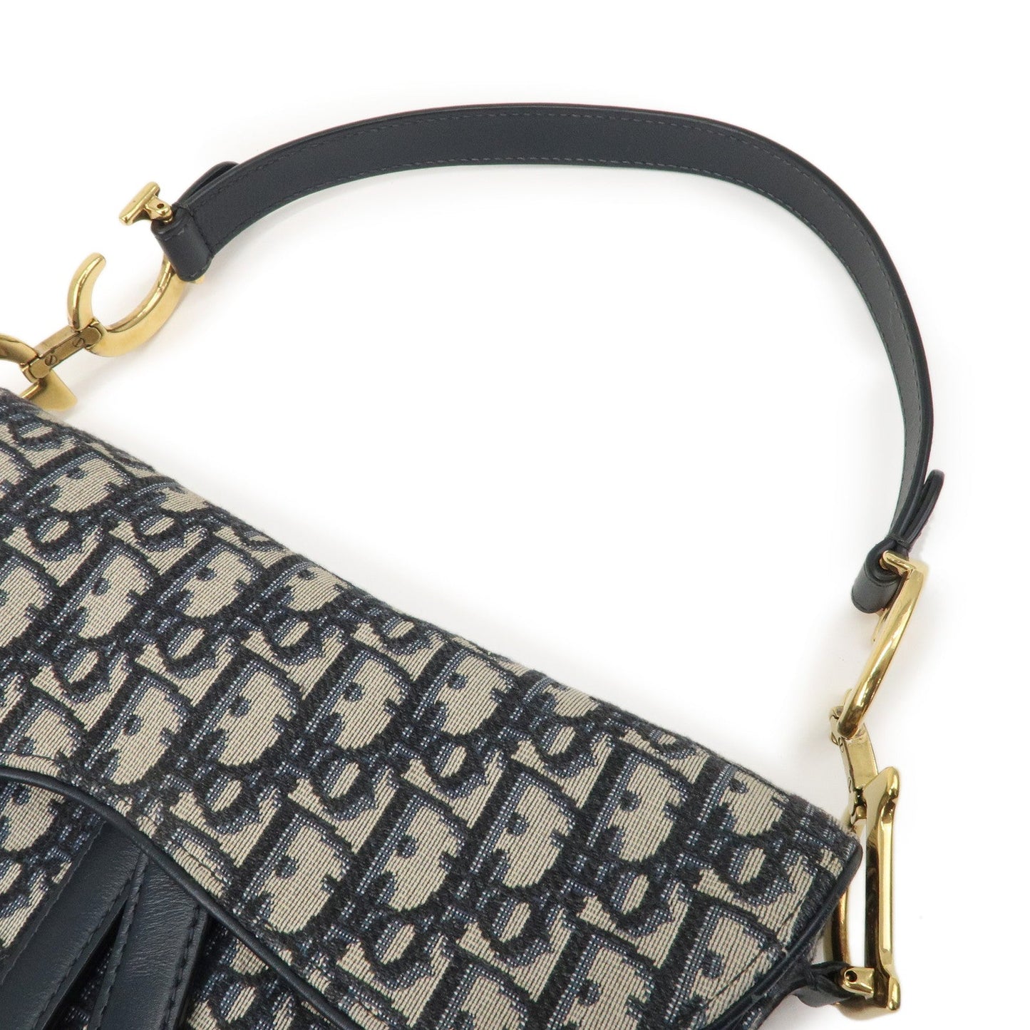 Christian Dior Saddle Bag Trotter Oblique Canvas Leather Navy