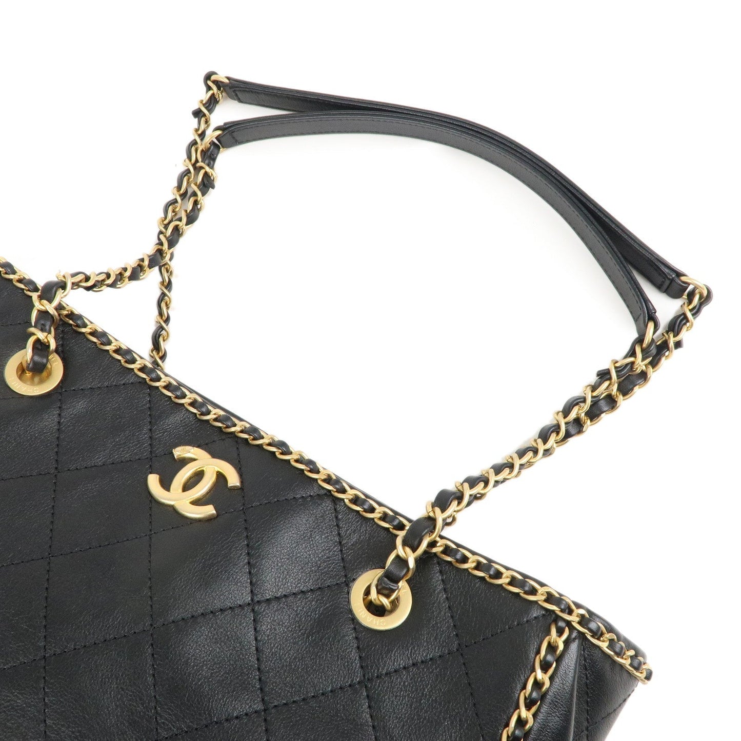Chanel Matelasse Lamb Skin Chain Around Tote Bag Black AS