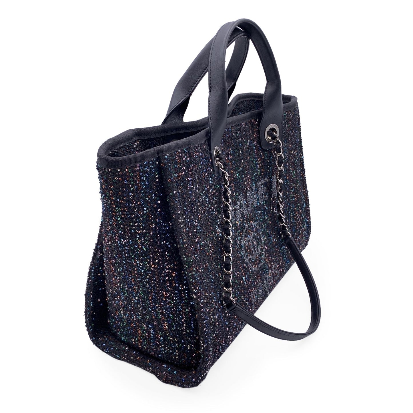 CHANEL Black Sequin Sparkle Canvas Medium Deauville Tote Bag