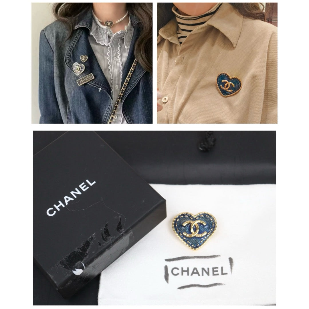 Very Good ( Rank A)| CHANEL Coco Mark 24P Denim Heart Brooch |V25052508