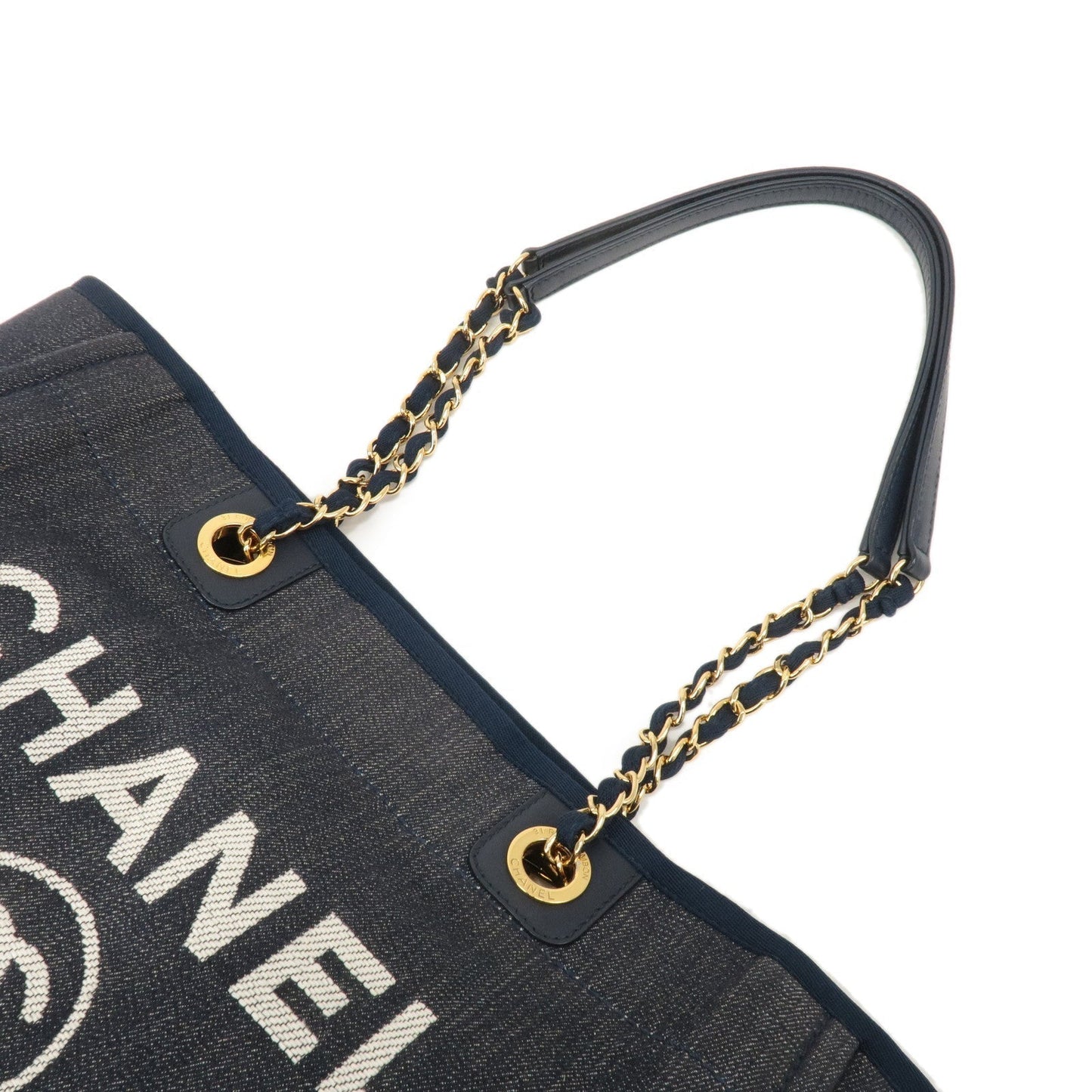 Chanel Deauville MM Denim Leather Chain Tote Bag Navy A