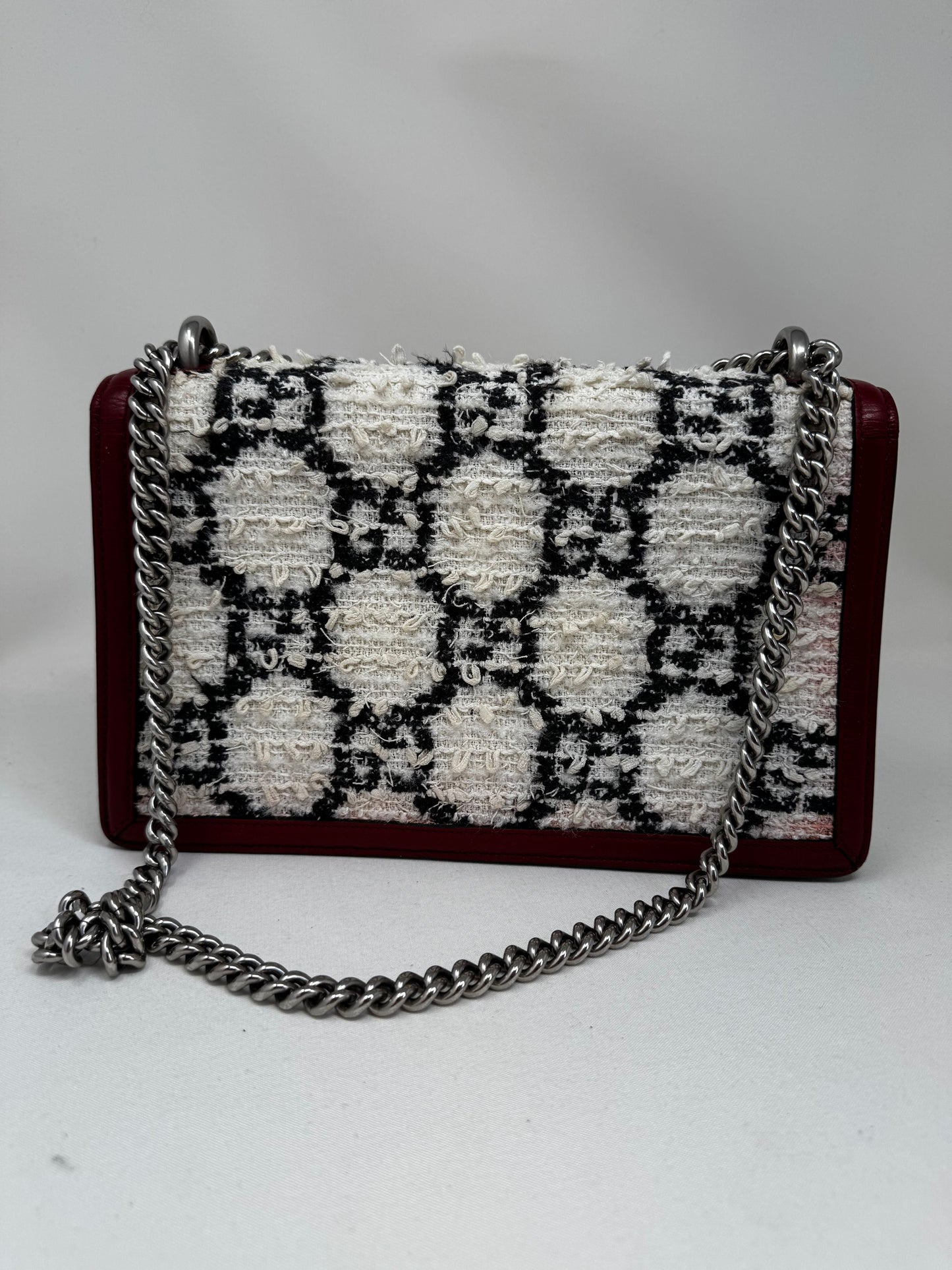 GUCCI Tweed GG Monogram Small Dionysus Shoulder Bag White Black Romantic Cherry B-