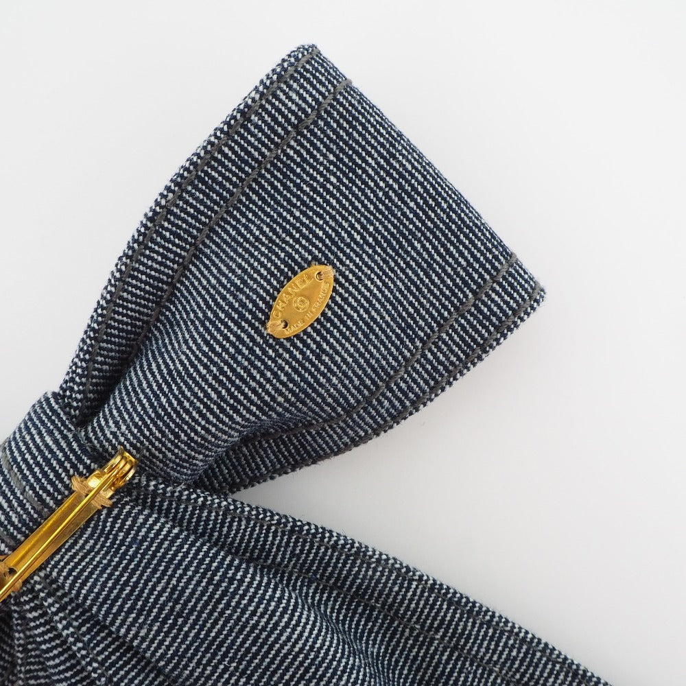 Chanel CHANEL Brooch Ribbon Cotton Denim French Made Blue 24g A+ Ranked Laminated