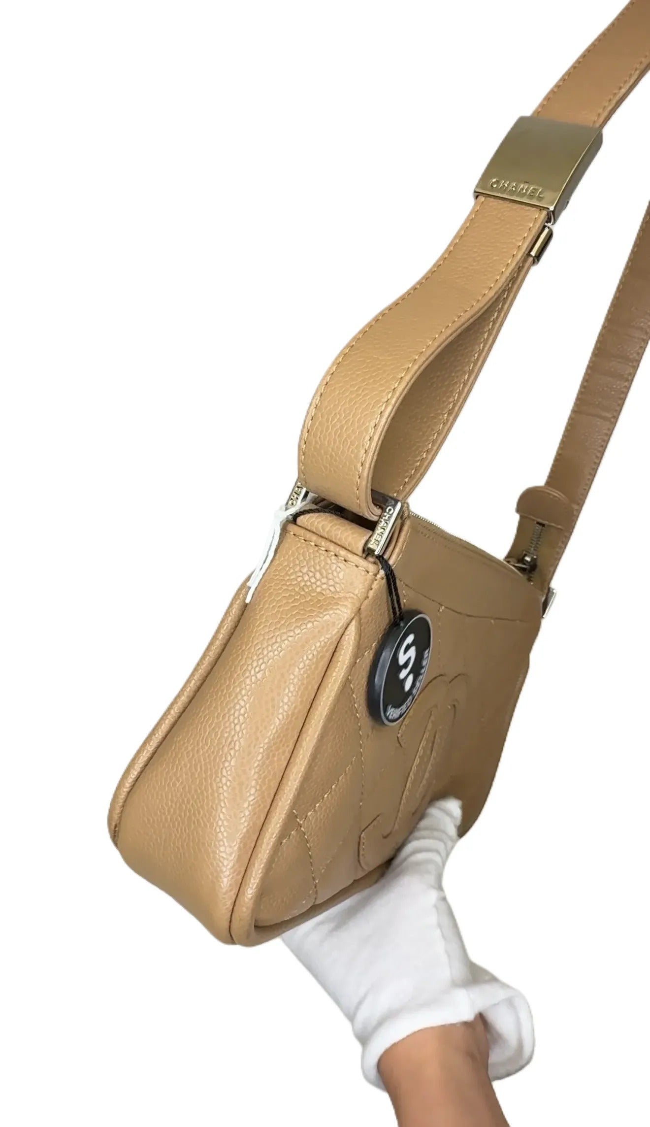 Chanel Caviar Leather Shoulder Bag Beige Medium Size B10-05