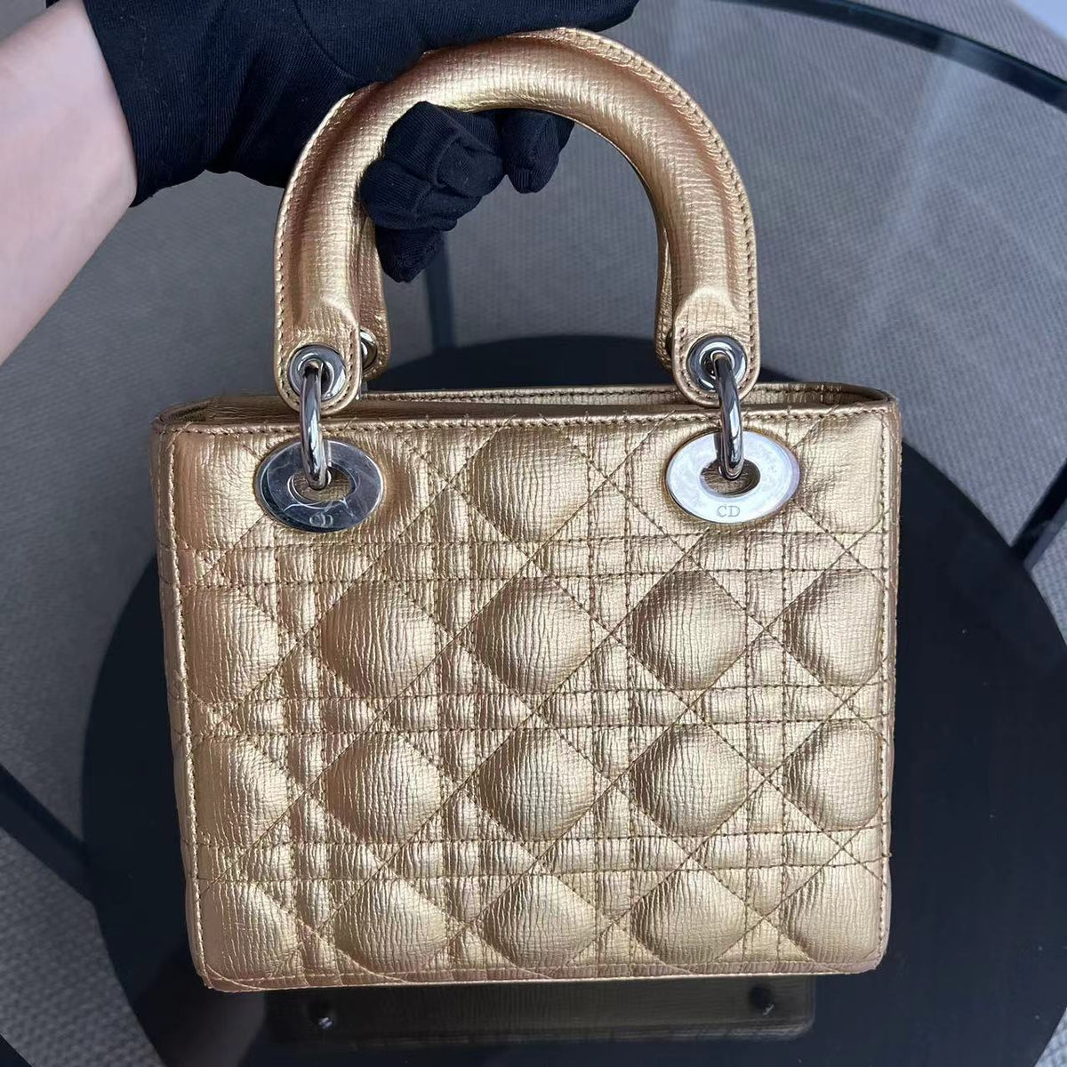 Dior Lady Small - Metallic Gold Cannage Calfskin Silver Hardware