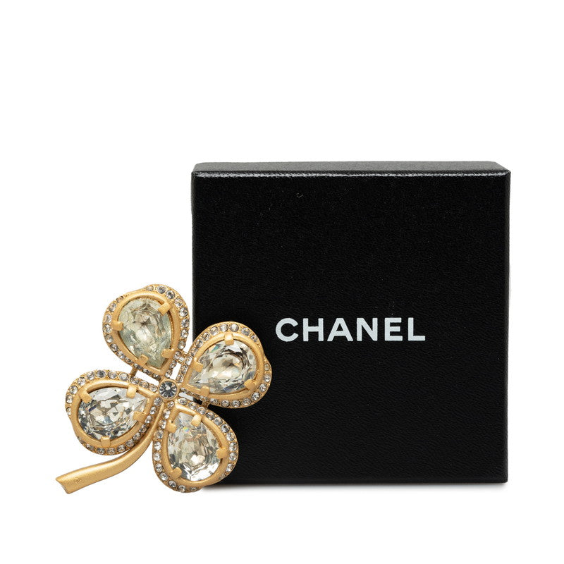 CHANEL Vintage Brooch Clover Rhinestone Gold Plating