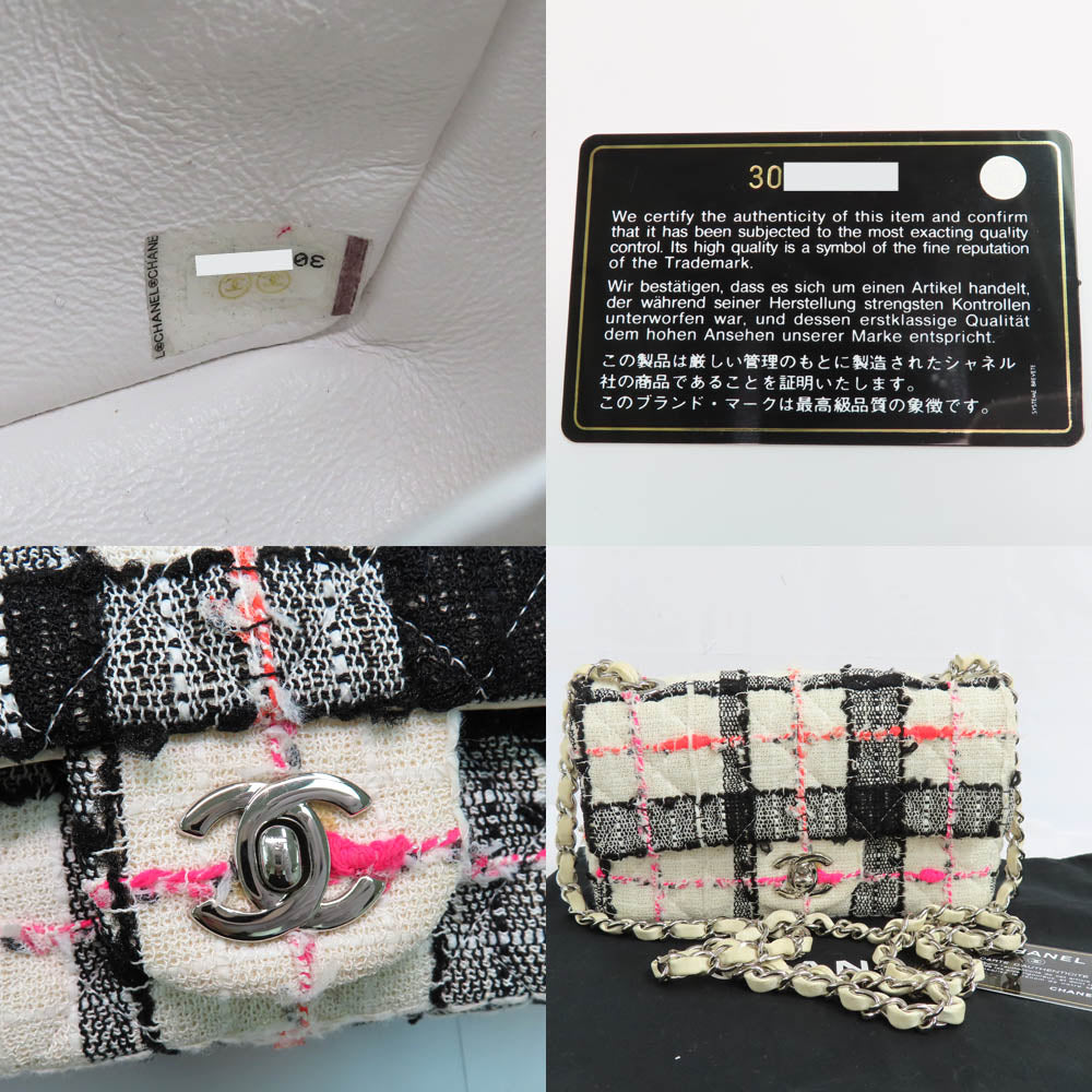 Chanel Mini Matrasse 20 Tweed Chain Shoulder Bag Single Flap Single Chain White X Black X Pink Silver Coco Mark