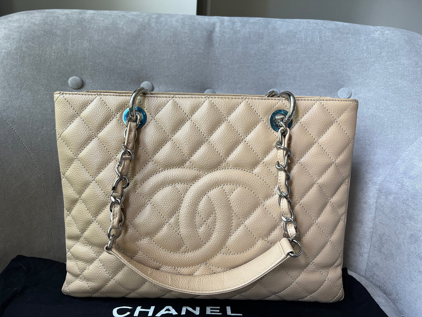 Chanel Light Beige Caviar Grand Shopper Tote with silver hardware