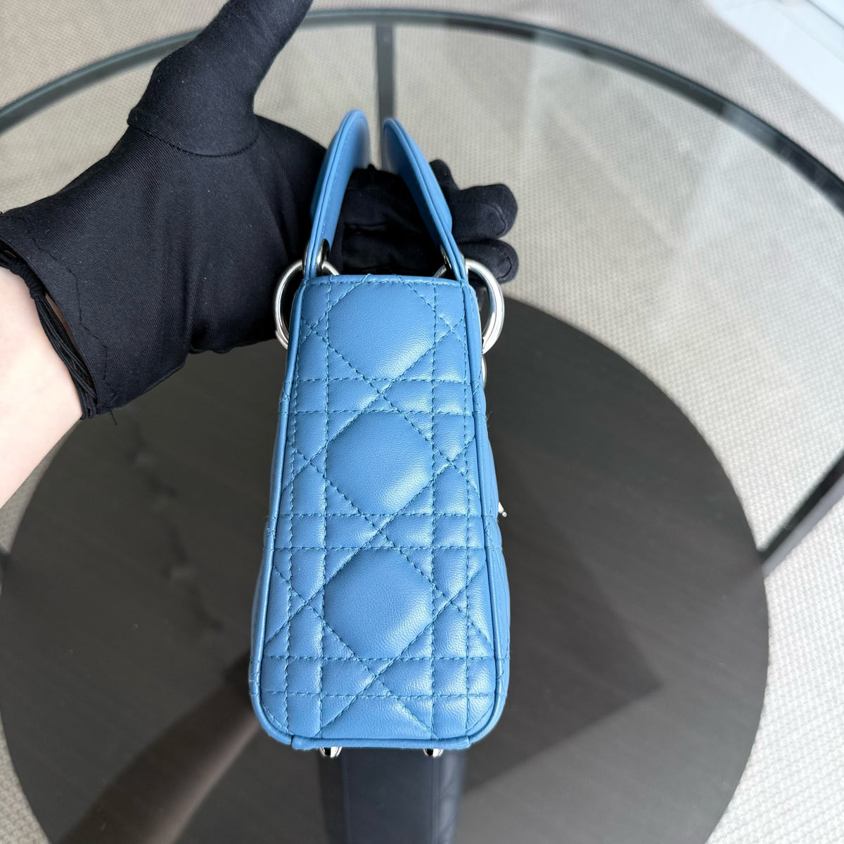 Dior Lady Mini - Cannage Lambskin Blue Silver Hardware Adjustable Strap