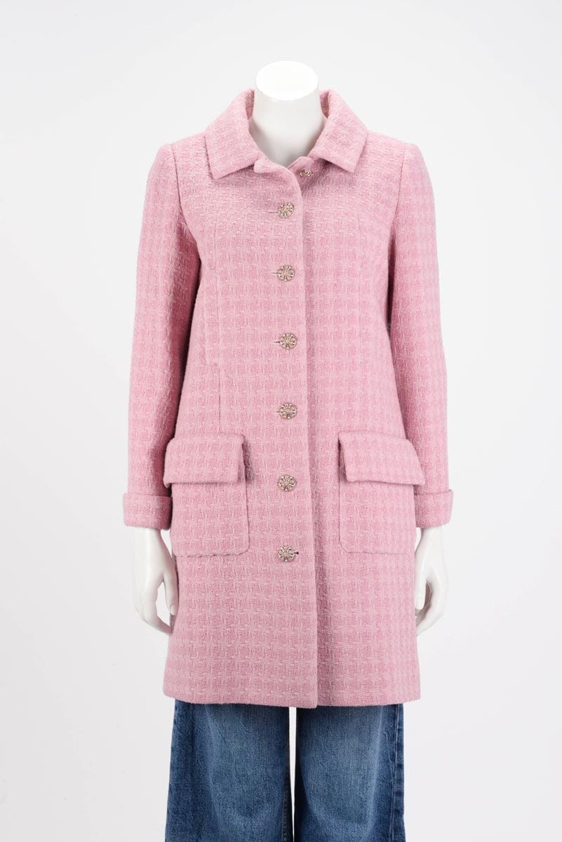 Chanel Pink Boucle Tweed Gripoix Button Coat FR 36