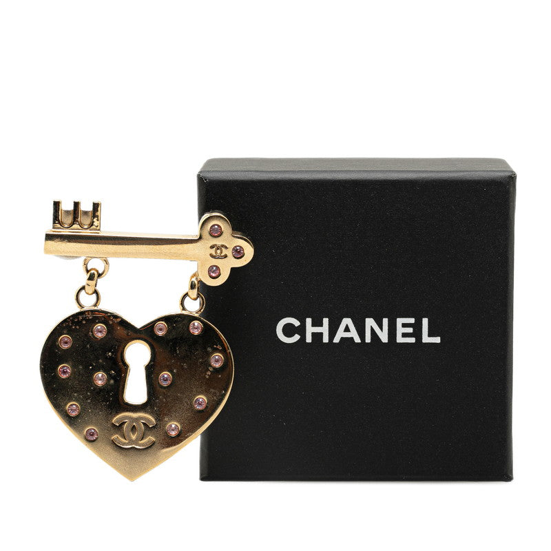 Chanel Rhinestone Heart Motif Brooch Gold Plated