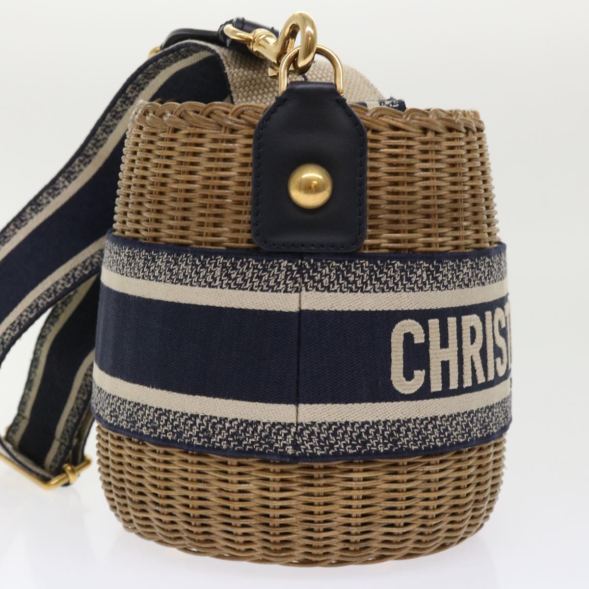 CHRISTIAN DIOR Christian Basket Bag Trotter Canvas Shoulder Bag Rattan Blue Auth 51270a
