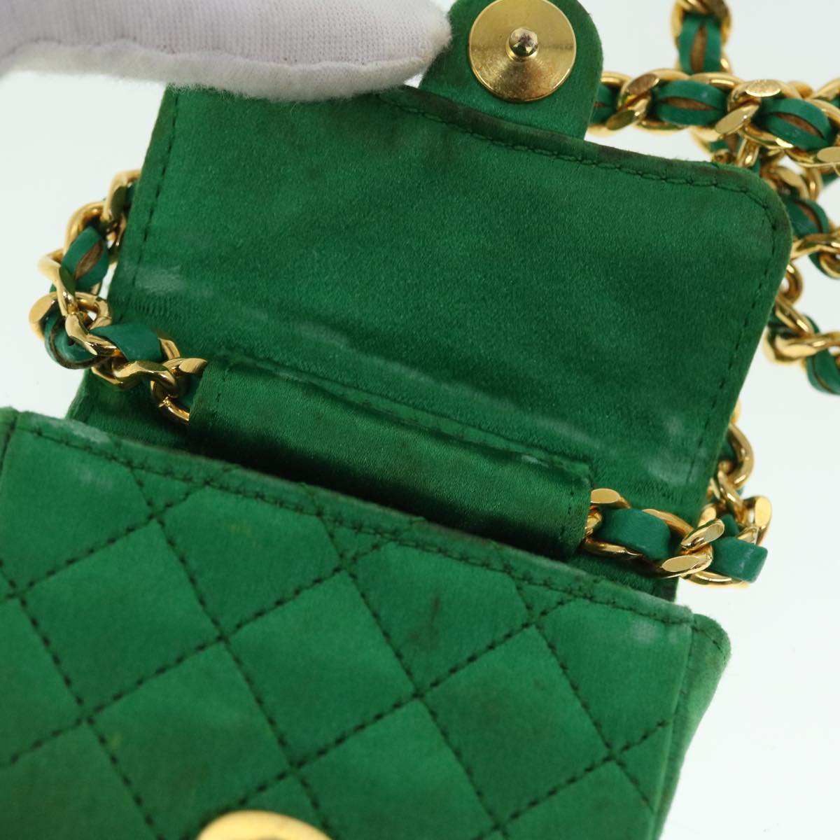 CHANEL Mini Matelasse Chain Pouch Shoulder Bag Satin Green Gold CC Auth 51271A