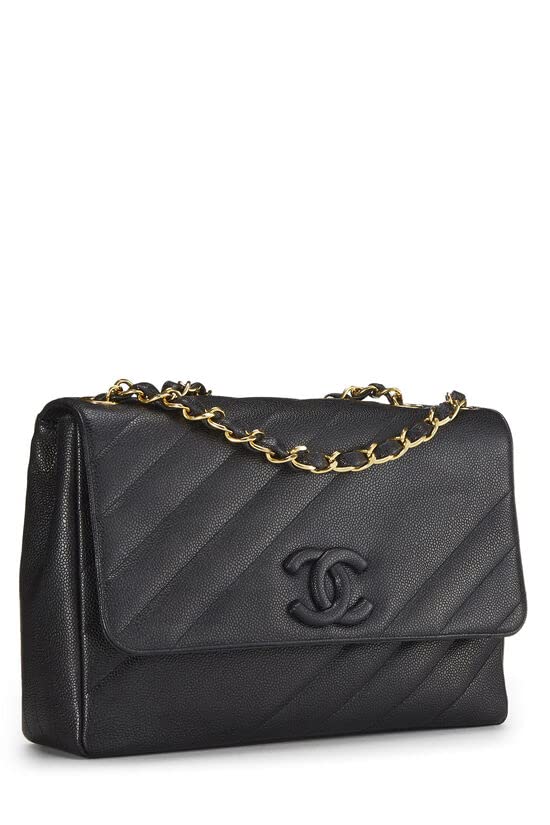 CHANEL, Black Caviar Diagonal Flap Jumbo, Black