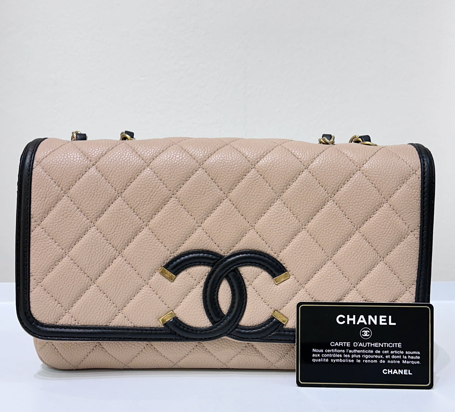 CHANEL Caviar Quilted Medium CC Filigree Flap Beige Black