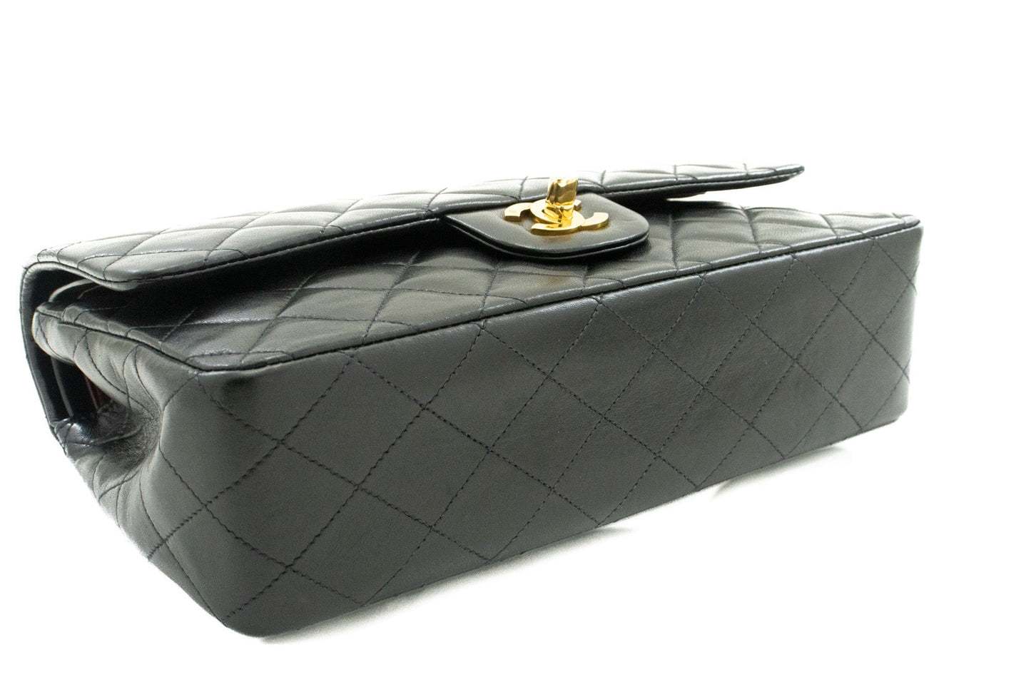 CHANEL Classic Double Flap 10" Chain Shoulder Bag Black Lambskin