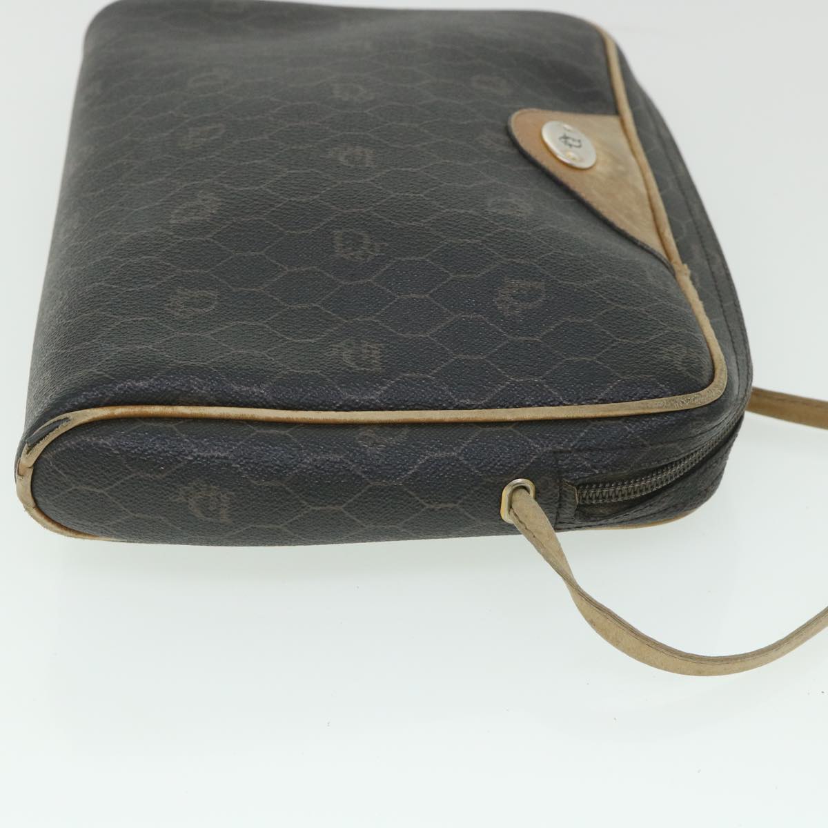 CHRISTIAN DIOR Honeycomb Canvas Shoulder Bag PVC Leather Black Auth 56325