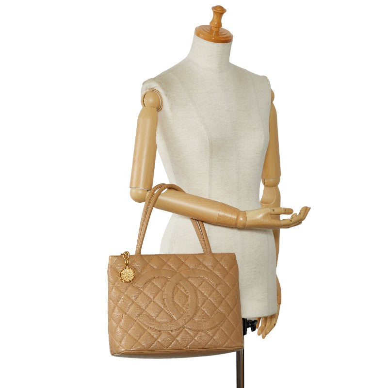 Chanel Matrases Medallion Coco Tote Handbag Tortoise Bag Beige Caviar S CHANEL