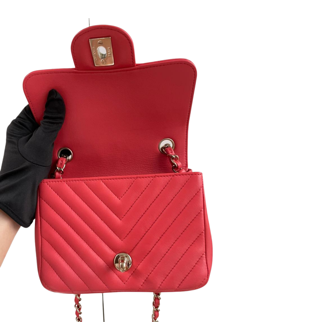Square Mini Flap Chevron Coral Lambskin Leather Bag LGHW