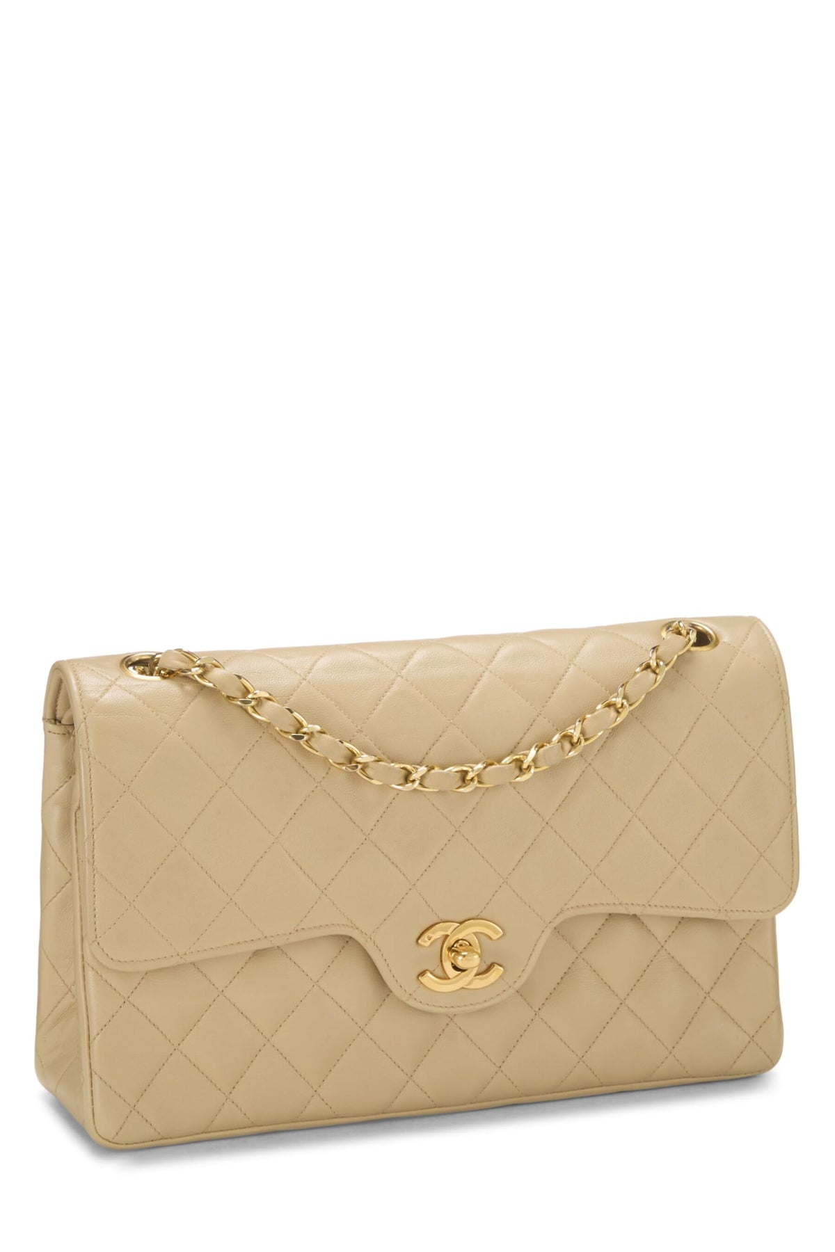 Chanel, Beige Quilted Lambskin Curved Double Flap Medium, Beige