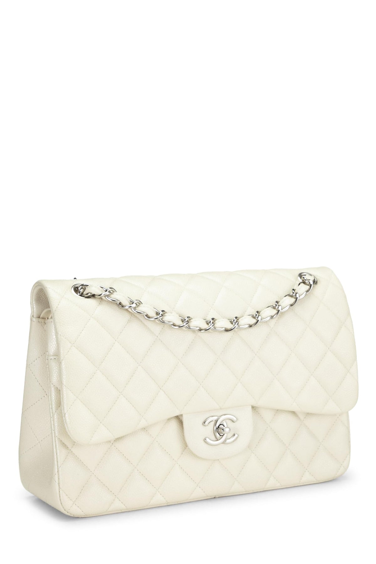 Chanel, White Quilted Caviar New Classic Double Flap Jumbo, White