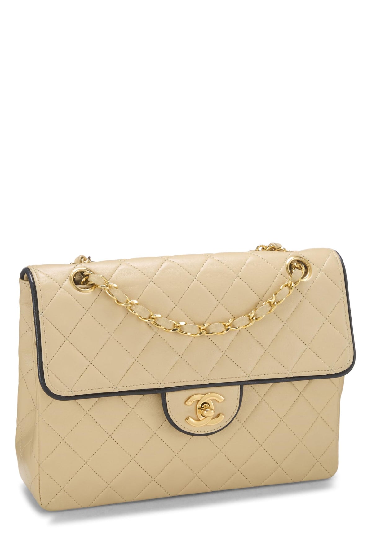 Chanel, Beige Quilted Lambskin Piped Half Flap Small, Beige