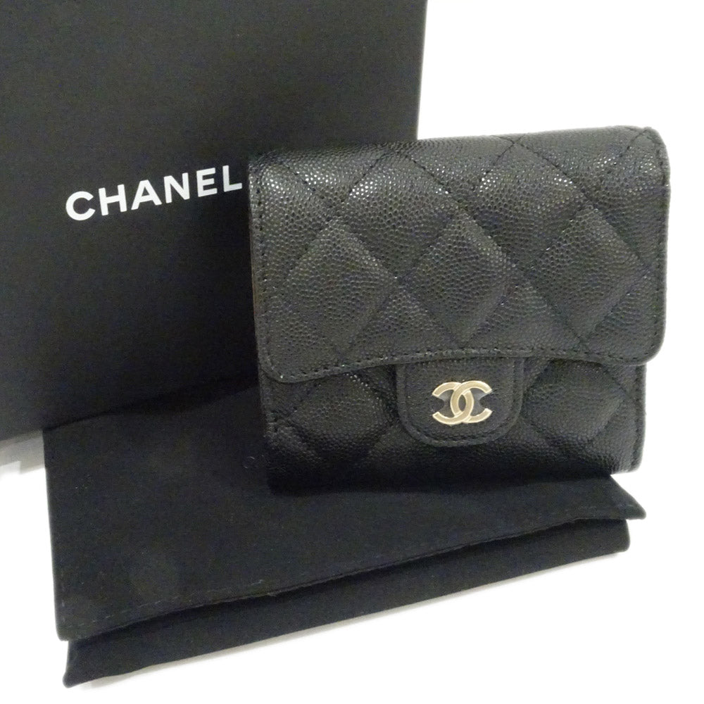 CHANEL Small Flap Wallet Three Fold Wallet Green S Caviar Skin Black Gold AP0712 Matrasse Wallet Small s