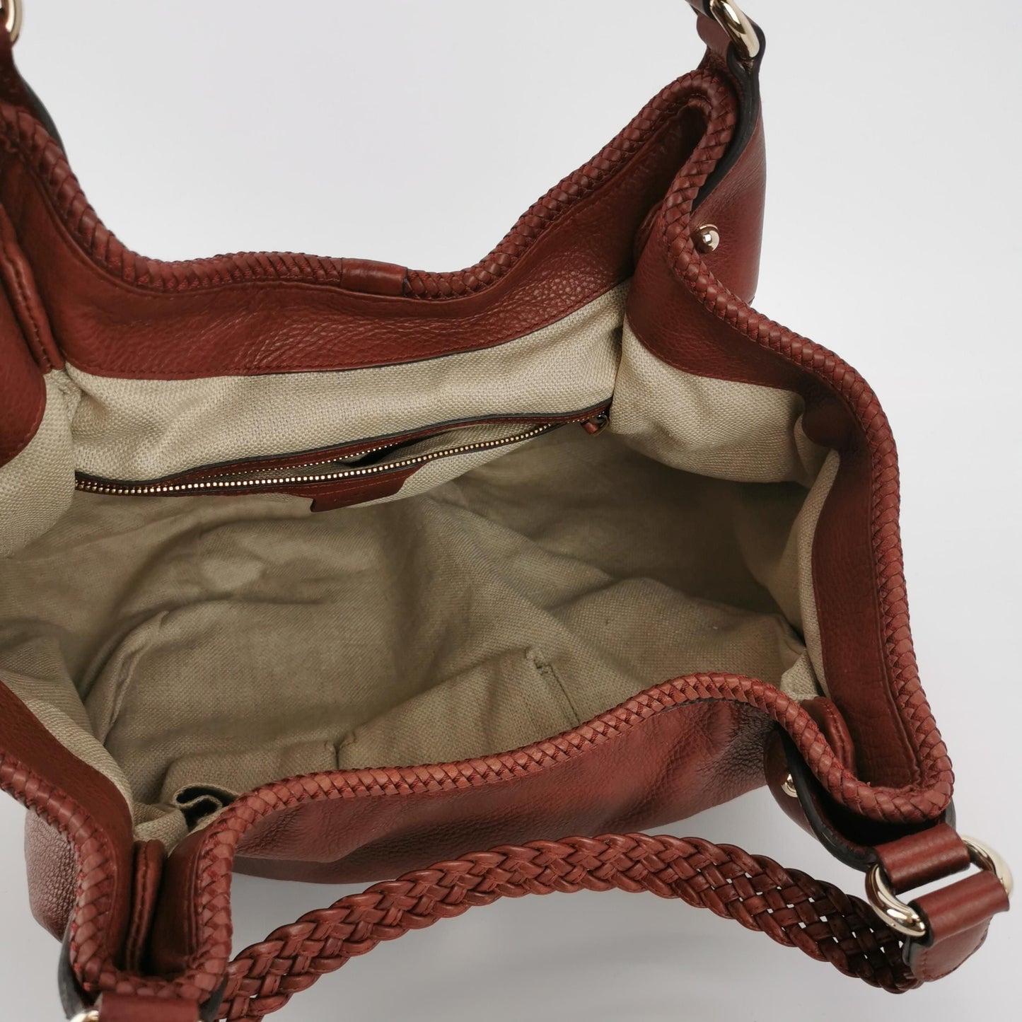 Gucci Leather Solid Color Fringe Woven Strap Shoulder Bag