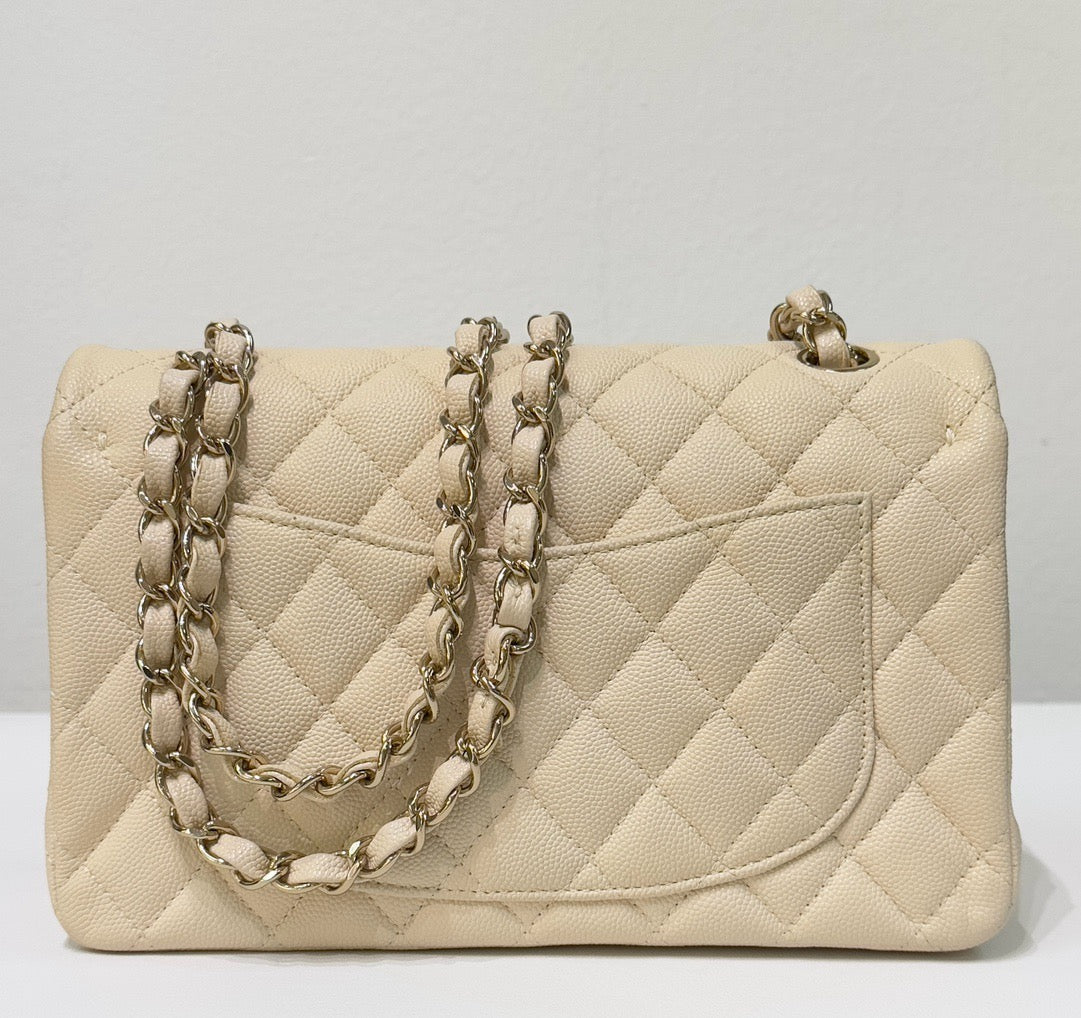 Chanel Small Classic Quilted Double Flap Ivory Light Beige 20C LGHW