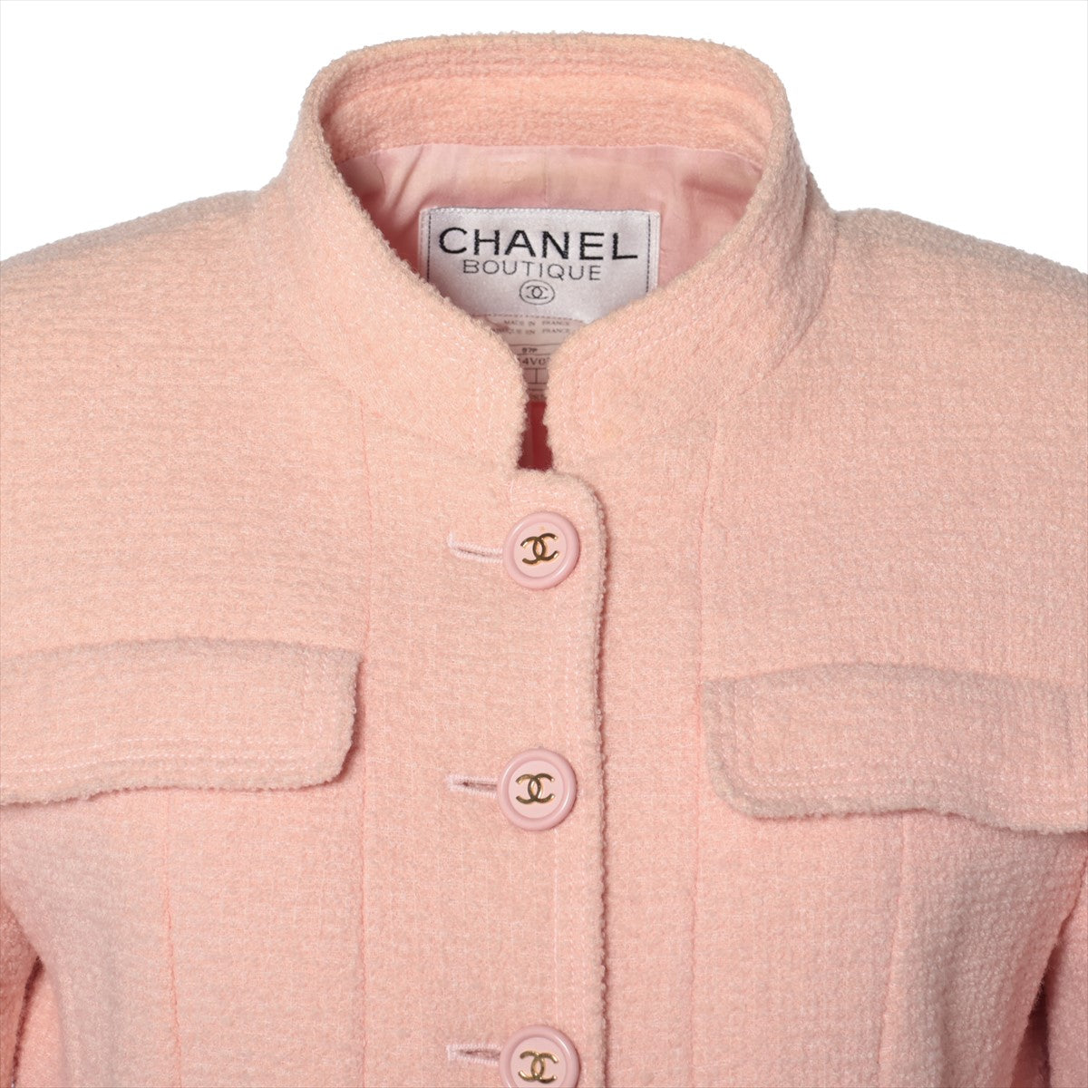Chanel Coco Button 97P Wool Nylon Terrated Jacket 40 Pink Tweed P07314V05387