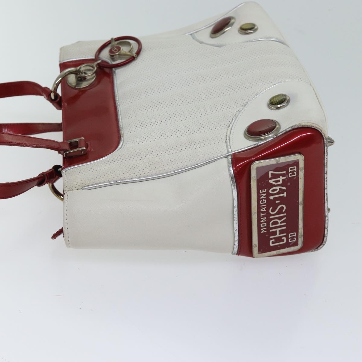 CHRISTIAN DIOR Hand Bag Leather White Red Auth 71321