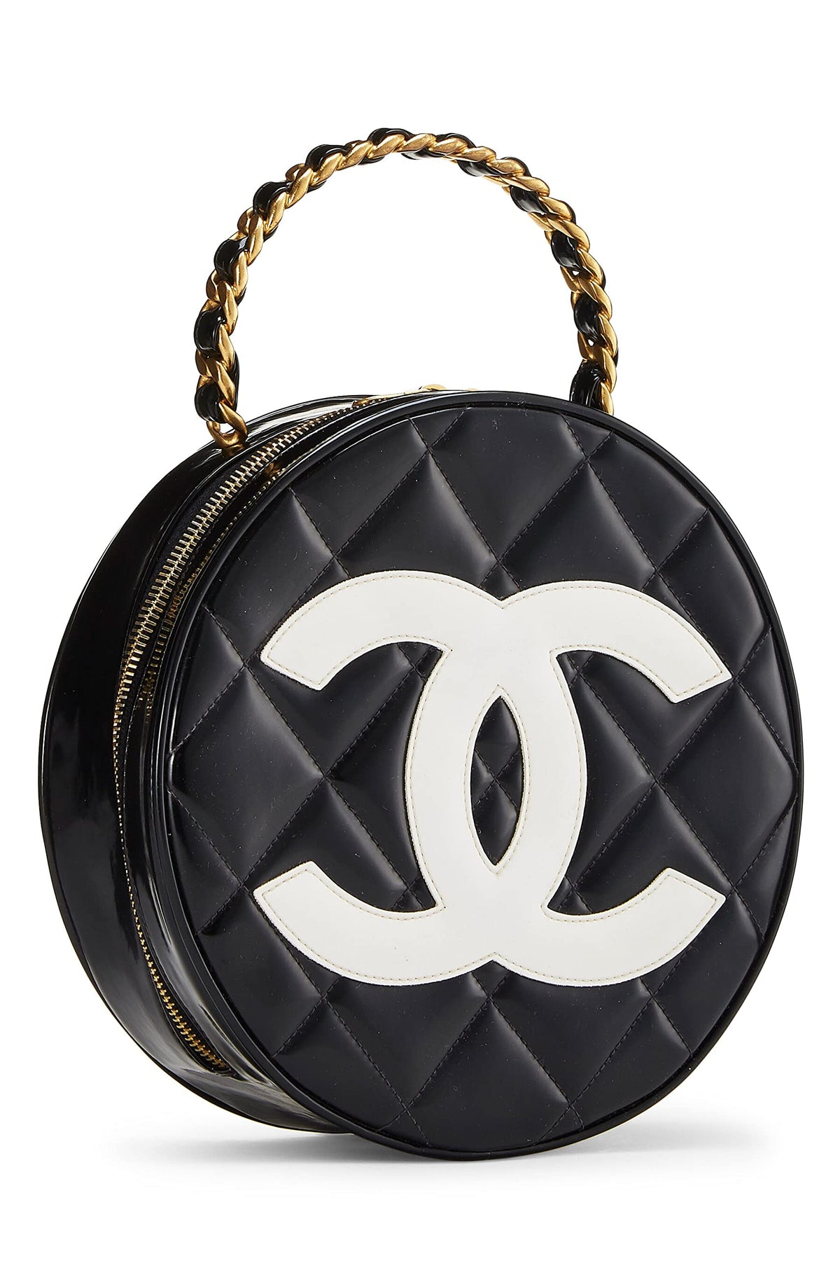 Chanel, Black Quilted Patent Leather Round 'CC' Bag, Black