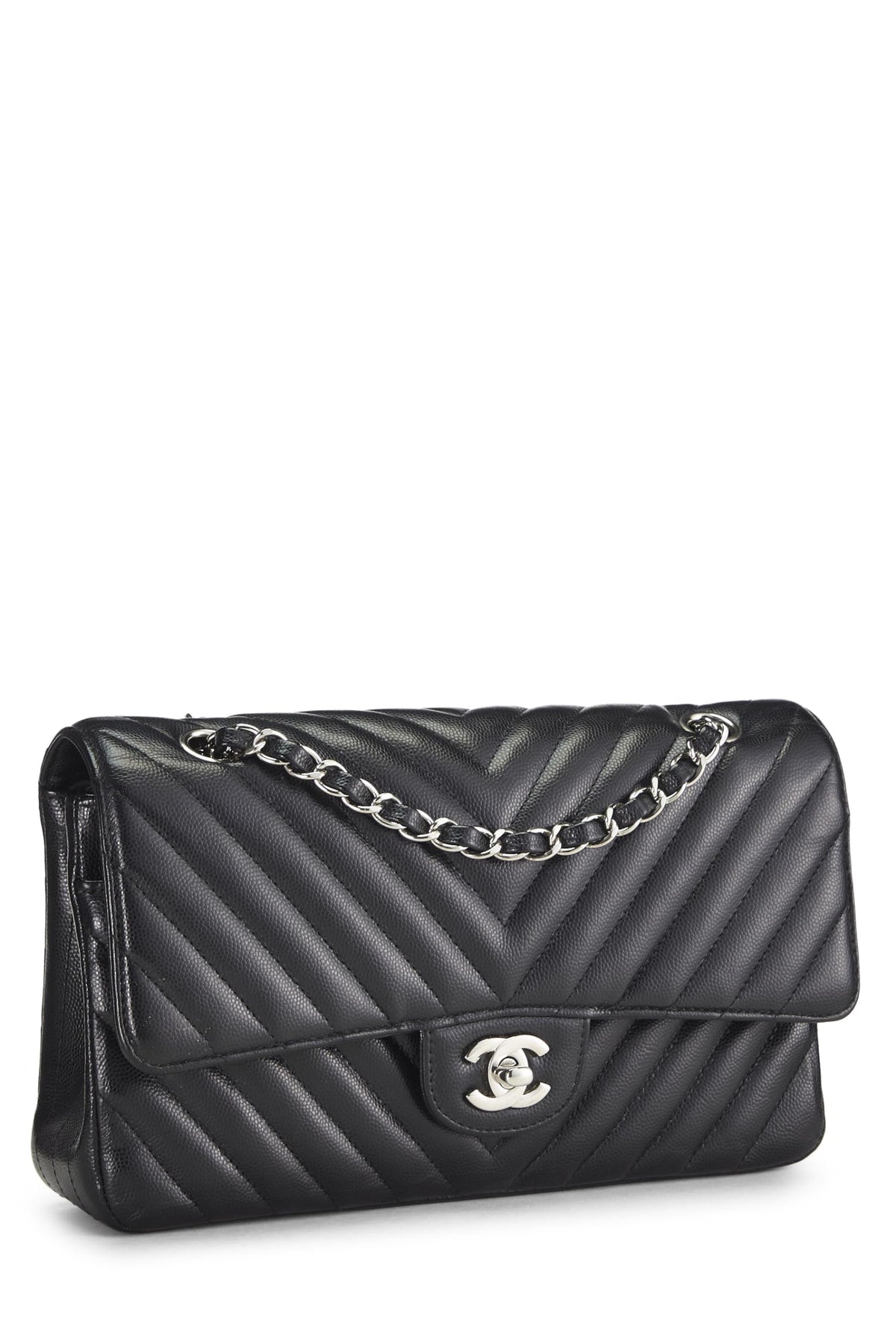 Chanel, Black Chevron Caviar Classic Double Flap Medium, Black
