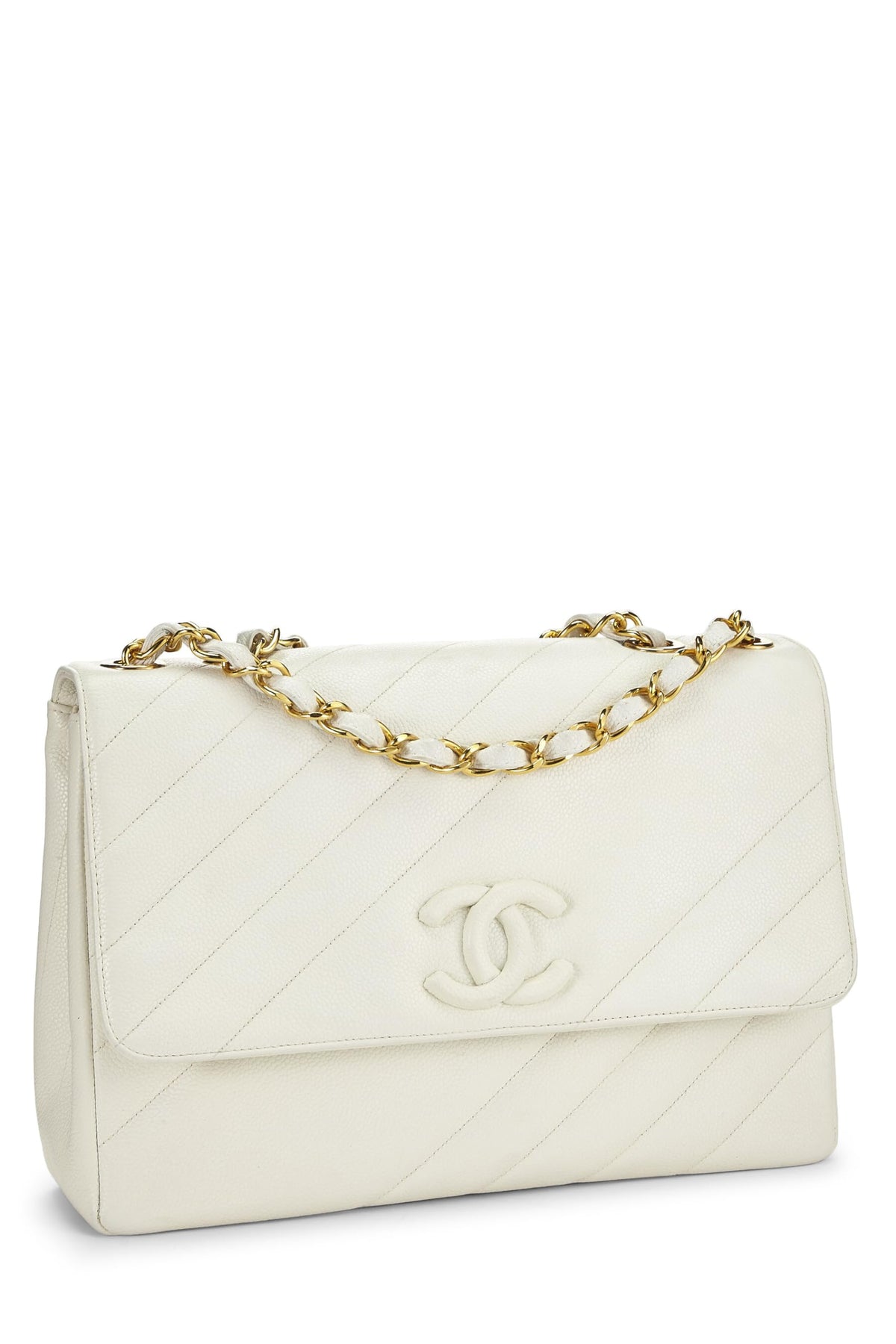 Chanel, White Caviar Diagonal Flap Jumbo, White