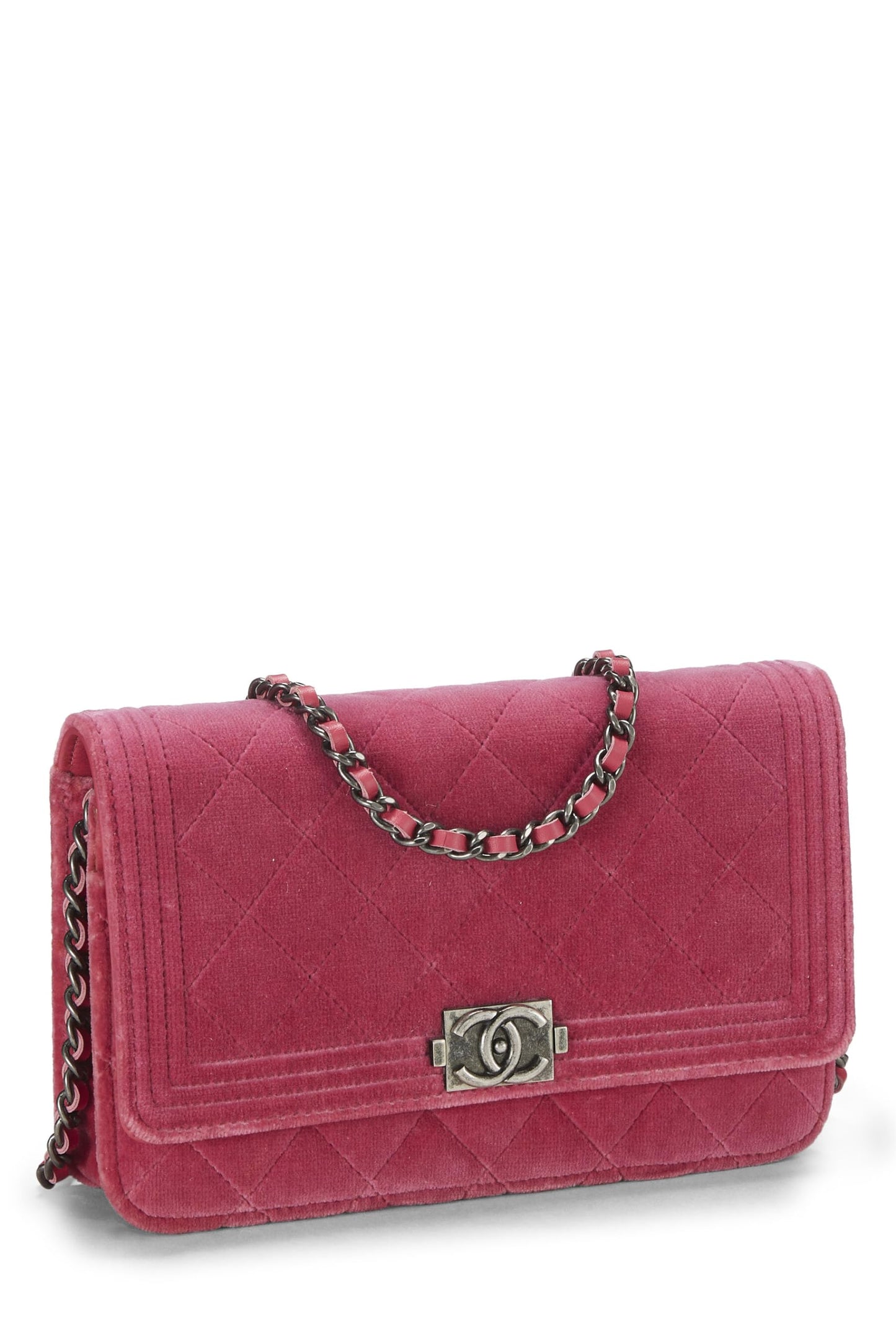 Chanel, Pink Quilted Velvet Boy Wallet on Chain (WOC), Pink