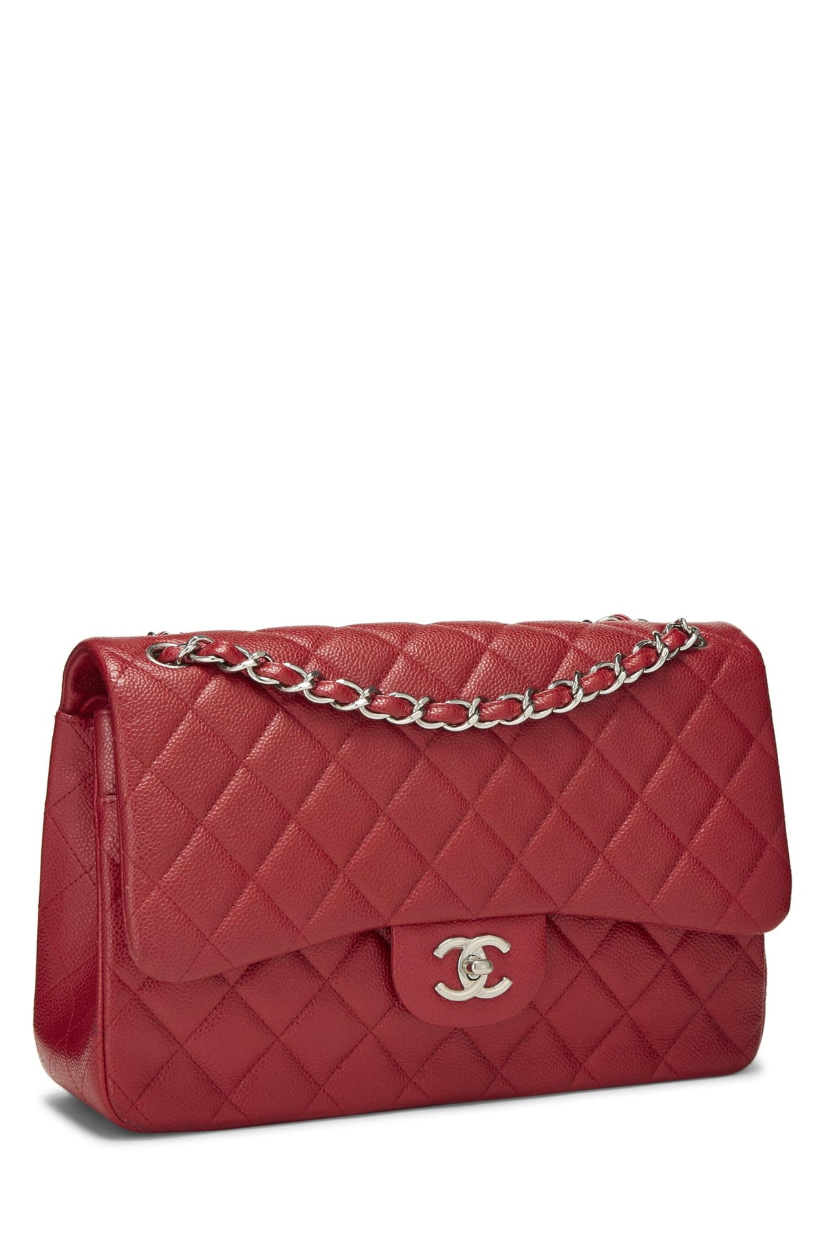 Chanel, Red Quilted Caviar New Classic Double Flap Jumbo, Red
