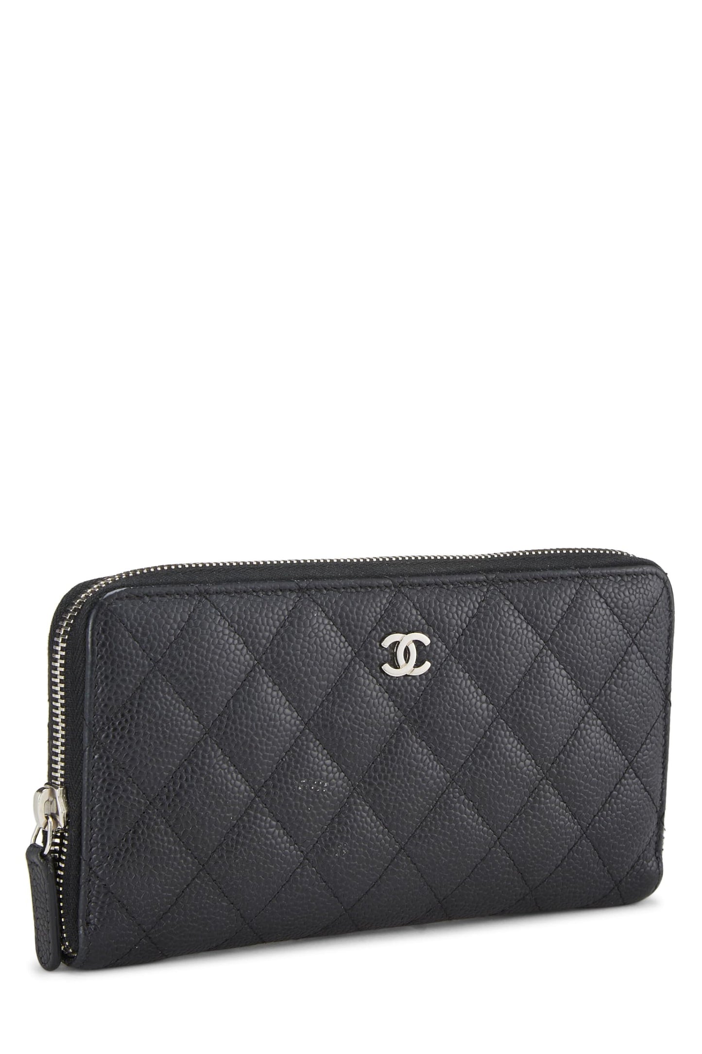 Chanel, Black Quilted Caviar Zip Around Wallet, Black