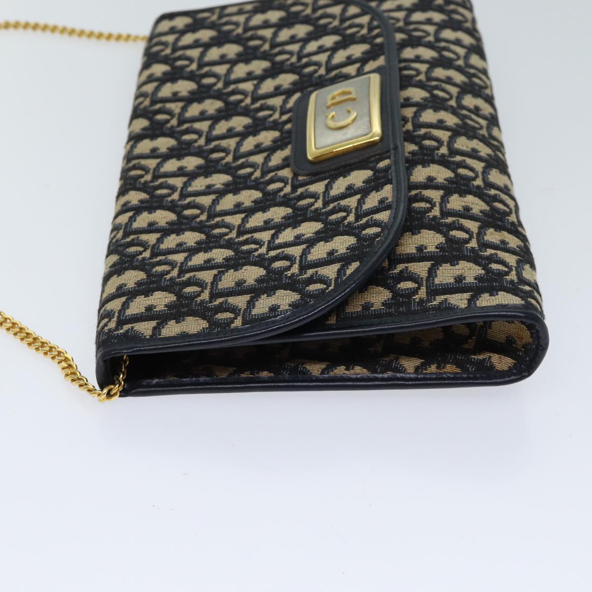 CHRISTIAN DIOR Trotter Canvas Chain Shoulder Bag Navy Auth 72499