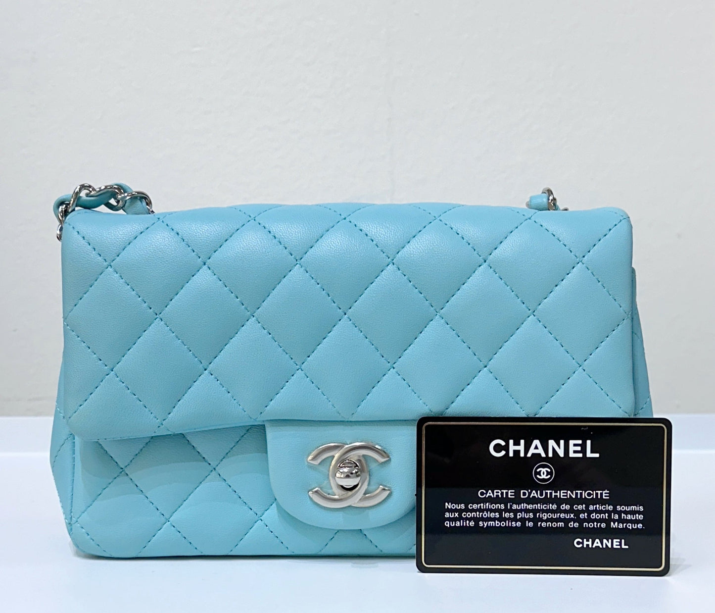CHANEL 19C Tiffany Lambskin Quilted Mini Rectangular Flap Neon Blue