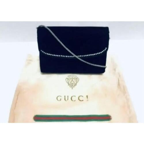 Vintage, one of a kind, Gucci, black silk velvet over leather, two-way- clutch or cross body with an Art Deco rhinestone design
