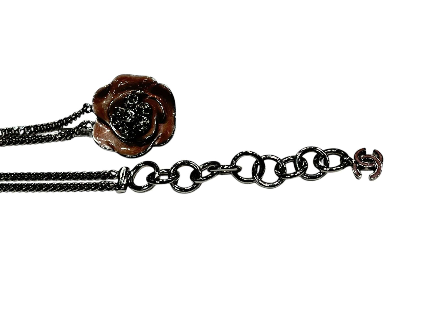 Chanel - ceinture chaîne argentée Camelia rose T80