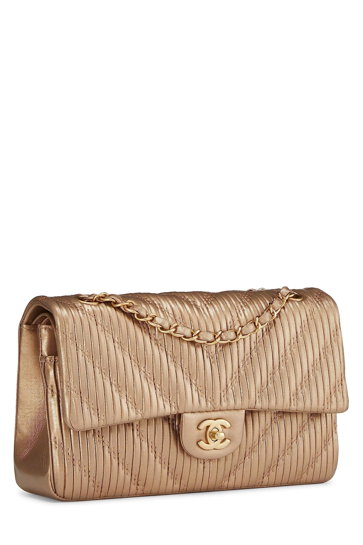 Chanel, Gold Chevron Pleated Lambskin Classic Double Flap Medium, Gold