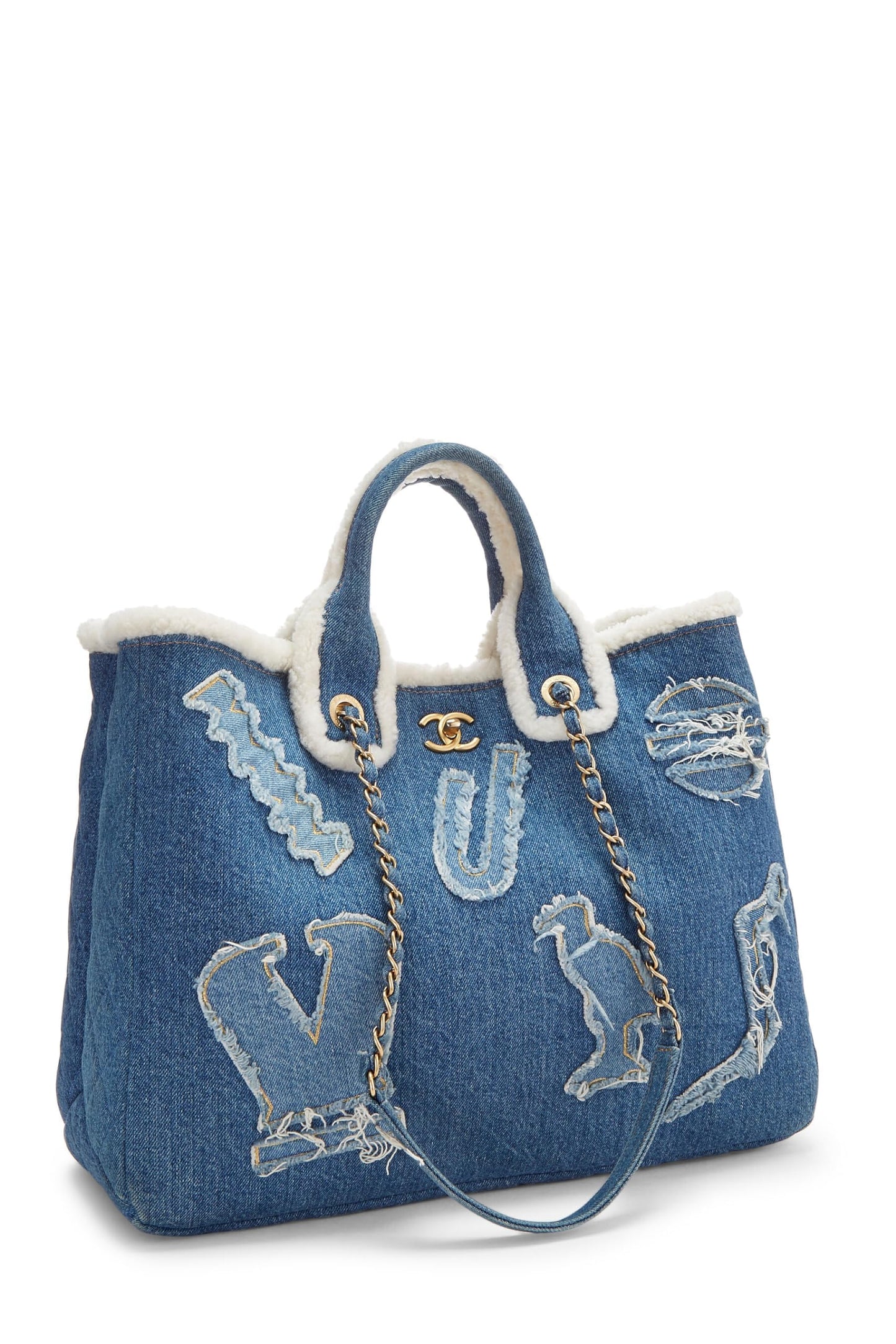 Chanel, Paris-Egypt Blue Denim & Shearling Hieroglyph Shopping Tote, Blue