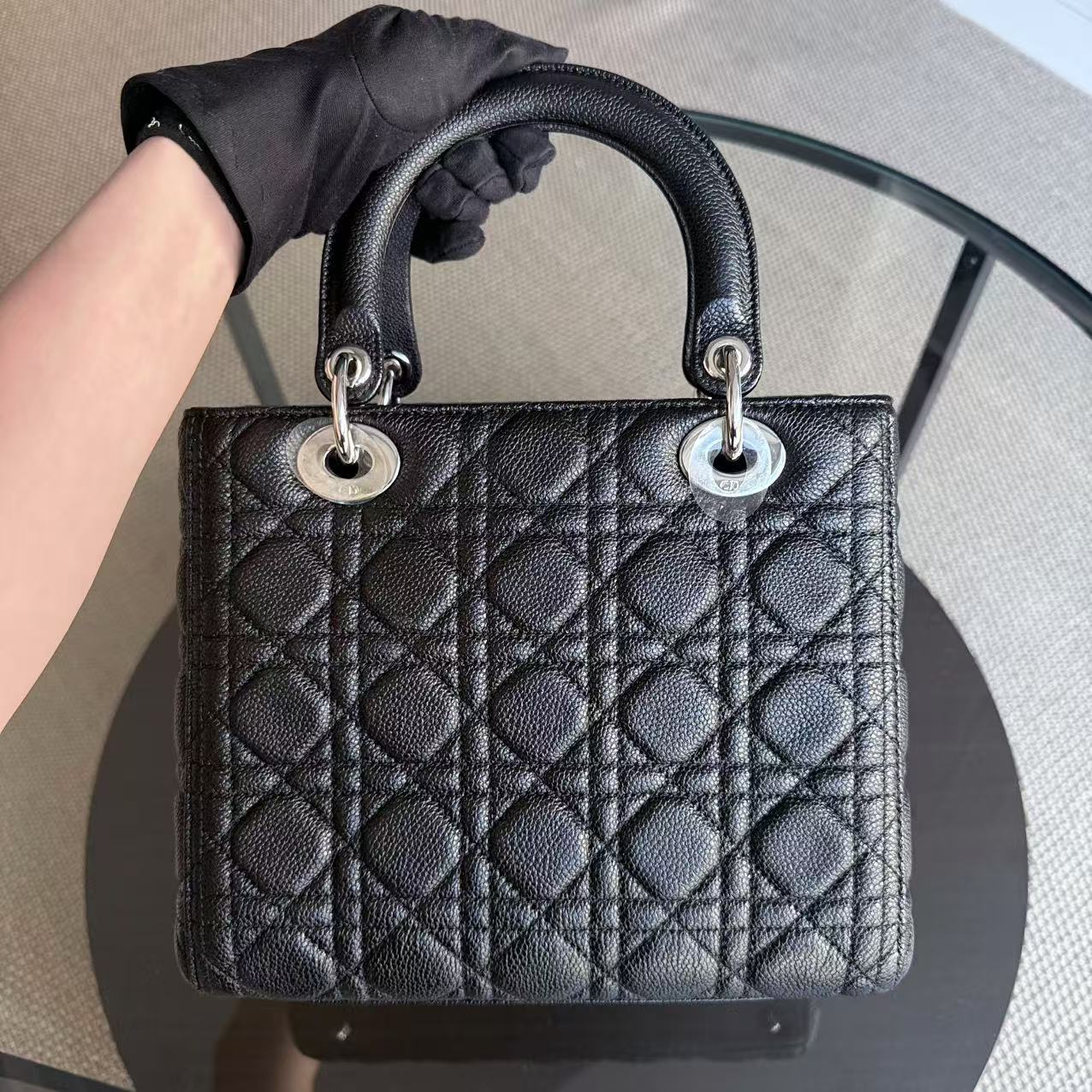 *Rare Caviar* Dior Lady Medium - Grained Calfskin Cannage Black Silver Hardware