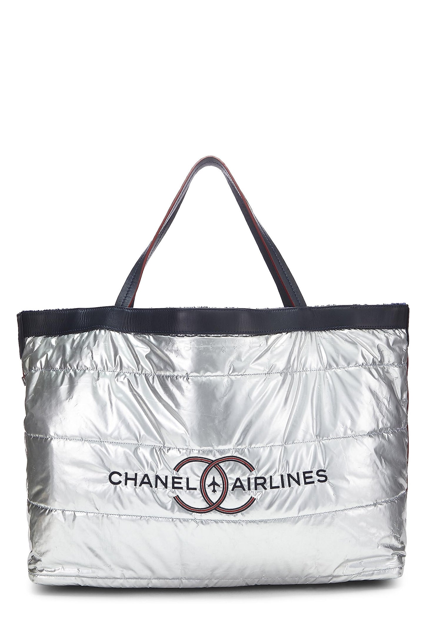 Chanel, Navy Terry Cloth & Silver Nylon Reversible Airlines Tote Large, Silver