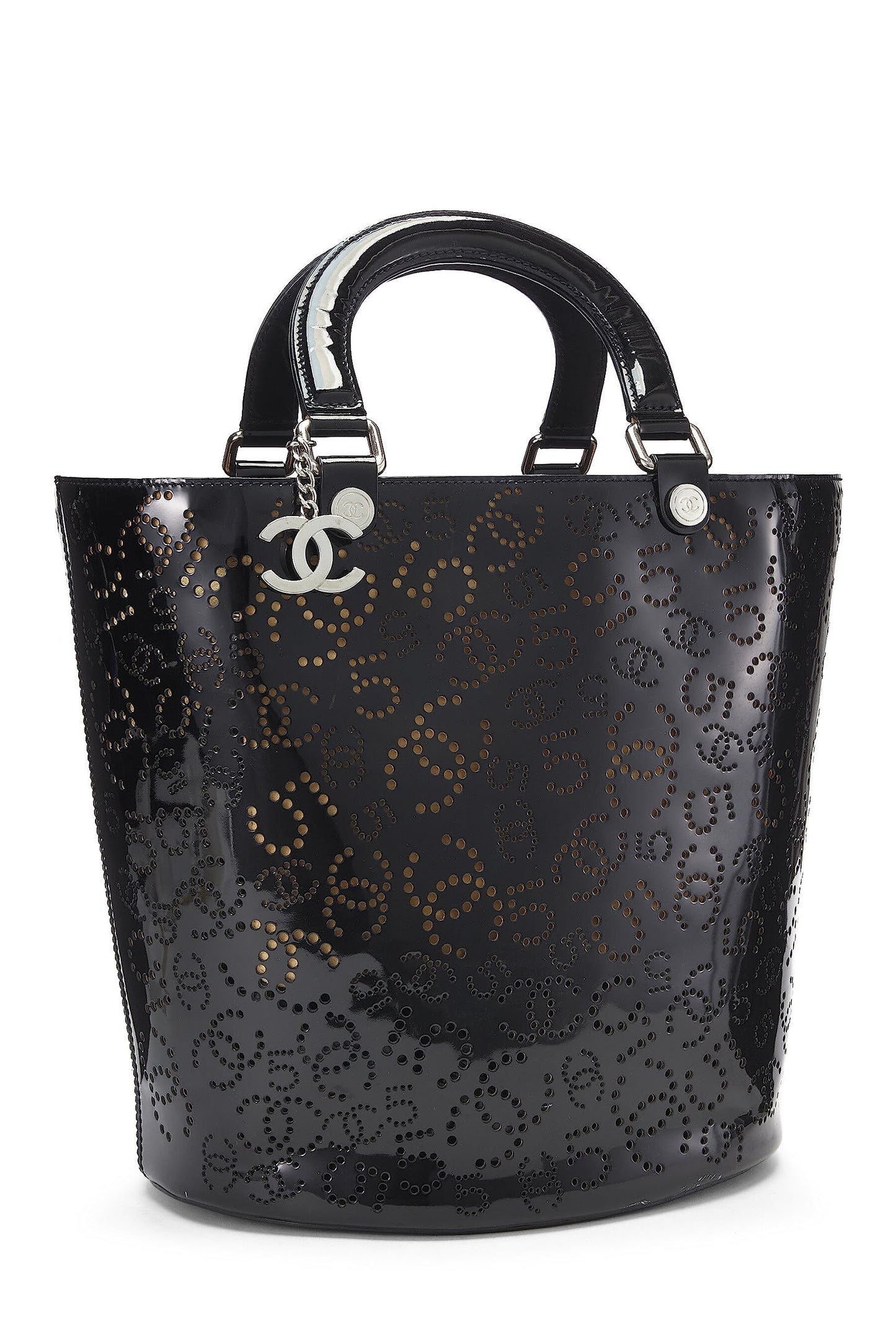 Chanel, Black Perforated Patent Leather Vertical Bucket Tote, Black